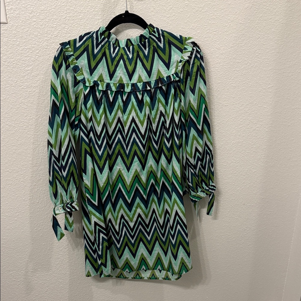 Zigzag Patterned Long Sleeve Dress in Green and Blue